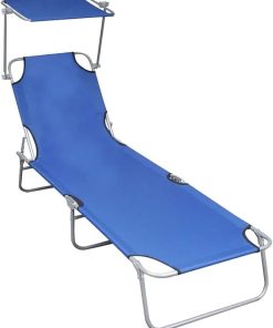 Folding Sun Lounger with Canopy Blue Aluminum and Polyester Fabric
