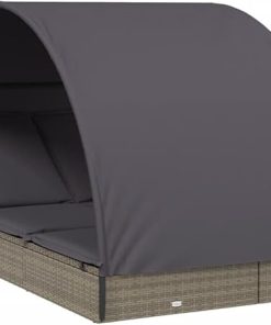 Adjustable 2-Person Sunbed with Cushions and Gray PE Rattan 2