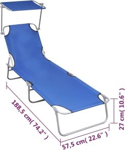 Folding Sun Lounger with Canopy Blue Aluminum and Polyester Fabric 2