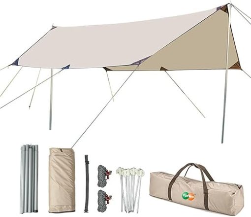YUEWO 15x10FT 210D Waterproof Camping Tarp with Poles for Outdoor Use