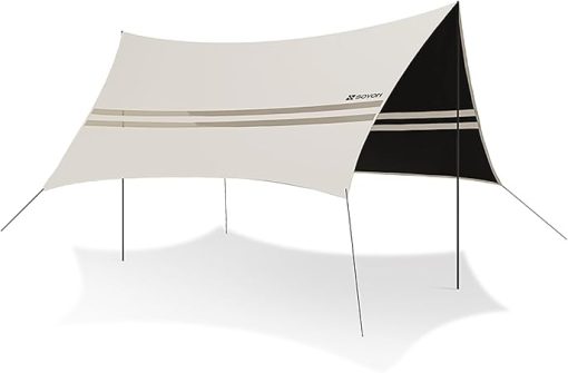 Large Beige Camping Tarp with Poles Waterproof Rain Fly 4.5 x 4.4m