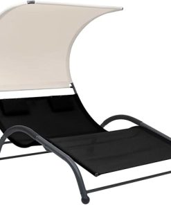 Black Double Sun Lounger with Canopy Textilene 1 Piece 310543