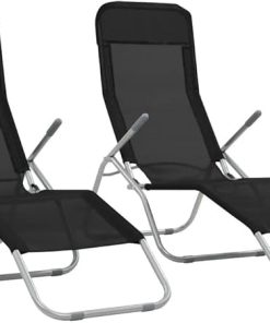 Black Textilene Folding Sun Loungers Set of 2 for Outdoor Relaxation