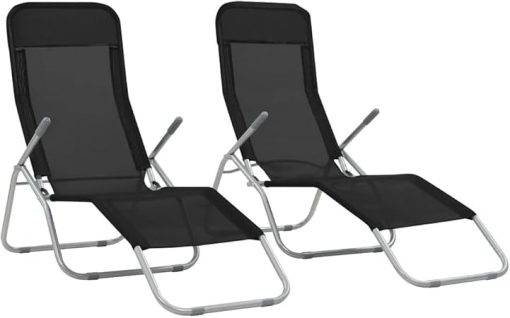Black Textilene Folding Sun Loungers Set of 2 for Outdoor Relaxation