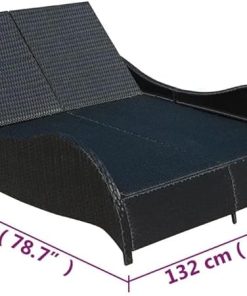 Black Poly Rattan Double Sun Lounger with Cushion and Armrests 2