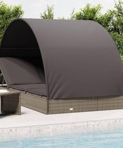 Adjustable 2-Person Sunbed with Cushions and Gray PE Rattan