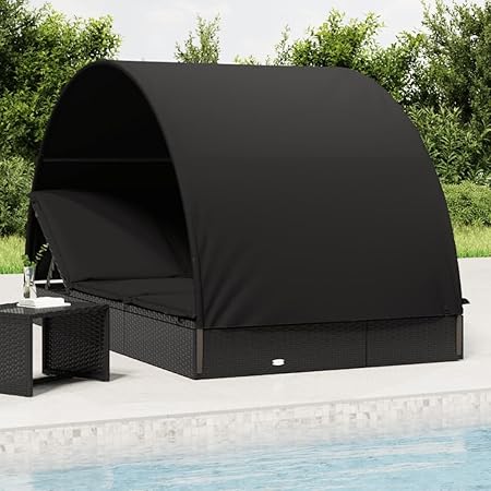 Comfortable 2-Person Sunbed with Adjustable Roof and Cushions in Black Comfortable 2-Person Sunbed with Adjustable Roof and Cushions in Black