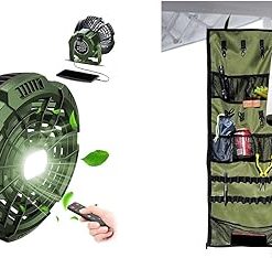 Hanging Organizer and Rechargeable Camping Fan with Storage Straps