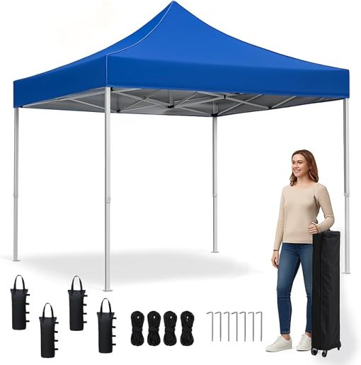 10'x 10' Pop Up Sun Shelter,Instant One-Touch Setup and Heavy Duty Windproof, for Beach/Camping/Backyard - with Carry Bag, Sandbags and Stakes(6.6 ft-20 ft Sizes) Blue 6.6 * 6.6