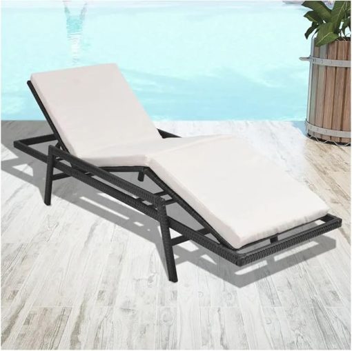 Poly Rattan Sun Lounger with Cushion Black Adjustable Backrest Height