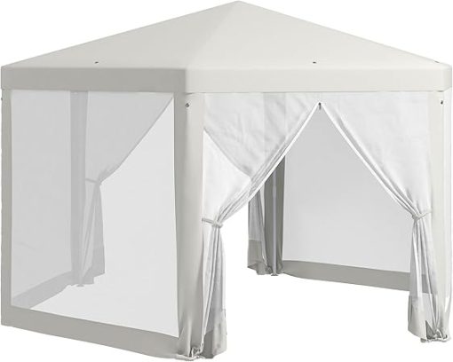 13' x 11' Outdoor Party Tent, Hexagon Sun Shade Shelter Canopy with Protective Mesh Screen Sidewalls, Ropes Stakes, Cream White
