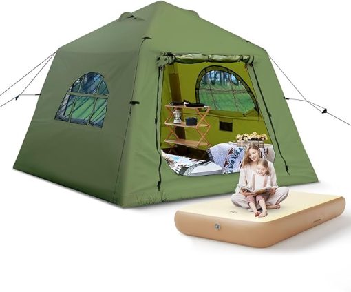 Inflatable Camping Tent with Twin Air Mattress for 1-3 People