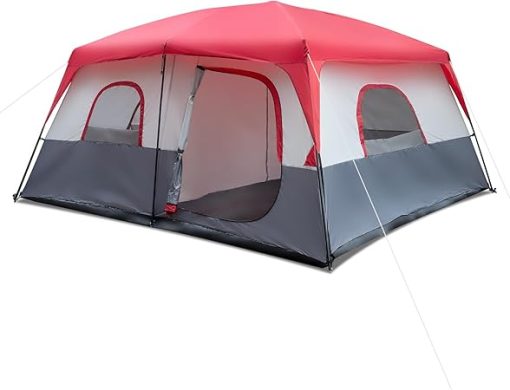 Spacious 14-Person Red and White Camping Tent with Fiberglass Poles