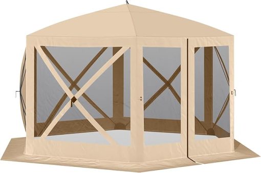 12' x 12' Hexagon Screen House, Pop Up Tent Portable Gazebo Canopy Shelter with Mesh Netting Walls, Carry Bag and Shaded Interior, Beige