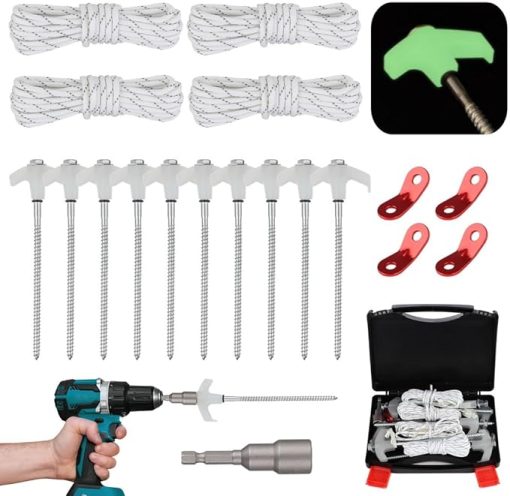 Heavy-Duty 10 Pcs Tent Stakes, 8'' Ground Pegs with Luminous Tips, Reflective Ropes, Tensioners & Socket, Portable Storage Box