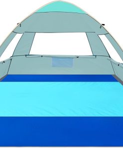 Gorich Easy Pop Up Beach Tent for 3-4 Person, UPF 50+ UV Protection Beach Umbrella Sun Shelter, Portable Lightweight Cool Cabana Shade with Extra-Large Sandproof Waterproof Beach Blanket, 10x9ft