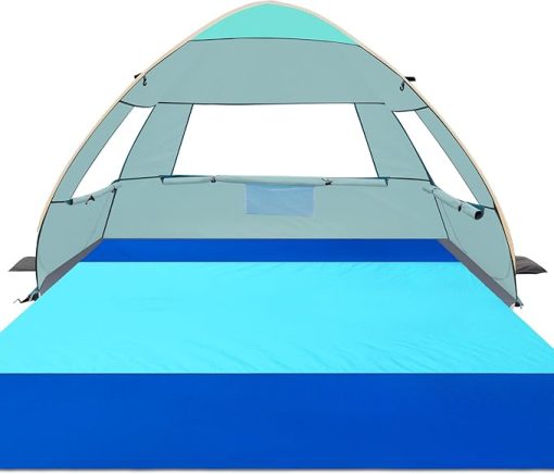 Gorich Easy Pop Up Beach Tent for 3-4 Person, UPF 50+ UV Protection Beach Umbrella Sun Shelter, Portable Lightweight Cool Cabana Shade with Extra-Large Sandproof Waterproof Beach Blanket, 10x9ft