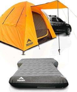 Trekway SUV Instant Dome Camping Tent w/Attachment and Inflatable Air Mattress w/Side Chambers | 9′ x 9′ | Sleeps Up to 7 People | for SUV |Crossover | Minivan