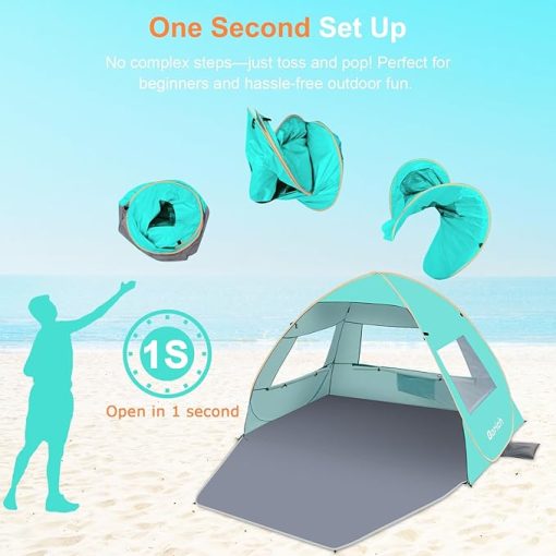 Gorich Easy Pop Up Beach Tent for 3-4 Person, UPF 50+ UV Protection Beach Umbrella Sun Shelter, Portable Lightweight Cool Cabana Shade with Extra-Large Sandproof Waterproof Beach Blanket, 10x9ft - Image 2
