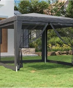 Party Tent with 4 Mesh Sidewalls Anthracite 9.8’X9.8′ Hdpe 6.6′-Eave Height from The Ground 319229