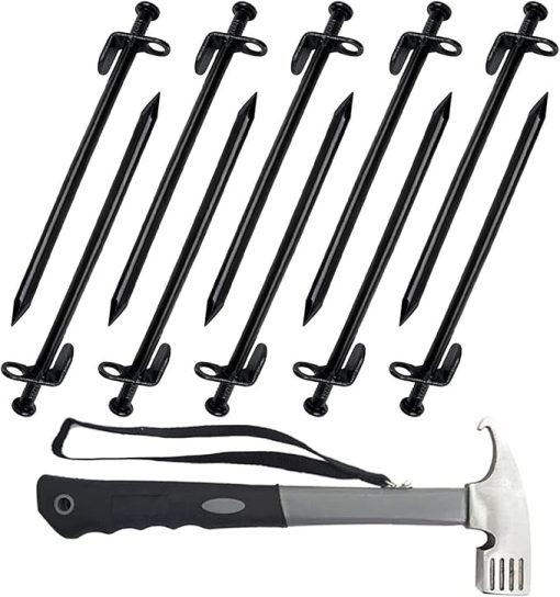 Heavy Duty 12-Inch Tent Stakes and Hammer for Camping Outdoors