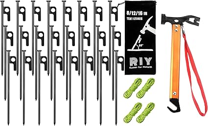 Heavy Duty 24 Pcs 8 Inch Steel Tent Stakes and Camping Hammer Kit Heavy Duty 24 Pcs 8 Inch Steel Tent Stakes and Camping Hammer Kit