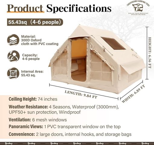 Inflatable Camping Tent for 4-6 People Easy Setup Luxury Glamping - Image 2
