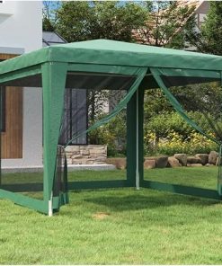 OKJHFD Party Tent with 4 Mesh Sidewalls Green 9.8’X9.8′ Hdpe 6.6′-Eave Height from The Ground 319228
