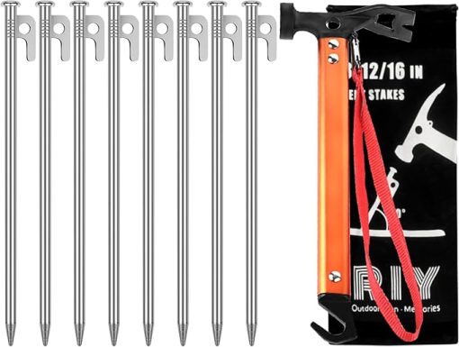 Heavy Duty 12 Inch Steel Tent Stakes 8pcs with Camping Hammer Kit