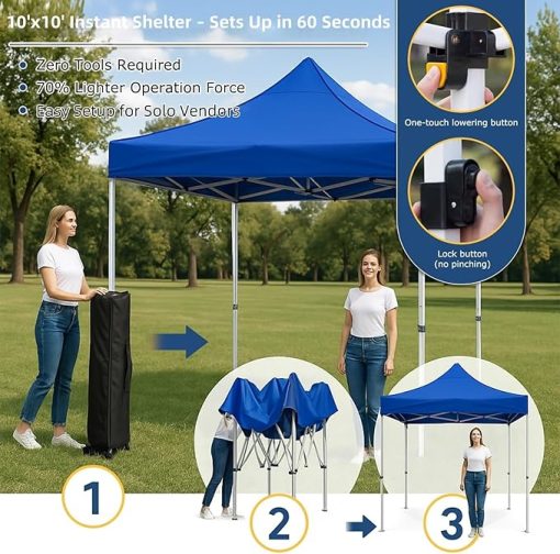 10'x 10' Pop Up Sun Shelter,Instant One-Touch Setup and Heavy Duty Windproof, for Beach/Camping/Backyard - with Carry Bag, Sandbags and Stakes(6.6 ft-20 ft Sizes) Blue 6.6 * 6.6 - Image 2