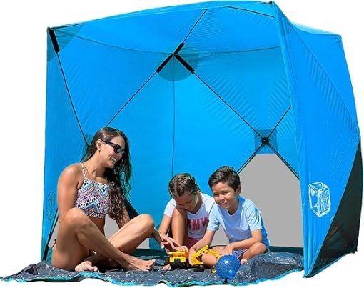 Beach Cube Pop Up Beach Tent Portable Shade Sun Shelter UPF50+ UV Protection for 4 Person Expandable Floor for Beach Fishing Hiking Camping – Beach Blue Color