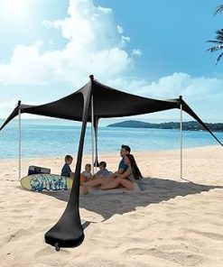 Beach Tent Canopy Sun Shade UPF50+, Easy Pop Up Anti-Wind Sun Shelter with Stability Poles/Carry Bag/Ground Pegs/Sand Shovel, Portable Sunshade for Beach Camping (Black, 10×10 FT 4 Pole)