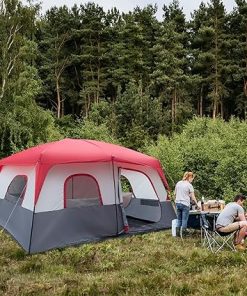 Large 14-Person Family Camping Tent Red and White Polyester Fabric 2