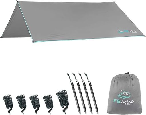FE Active Rain Fly Canopy Tent - X Large Tarp 12' x 9' with 380T Ripstop 5000mm Waterproof Coating for Rain & Wind Protection Tarp Cover for Camping Hammock & Tent Areas | Designed in California, USA
