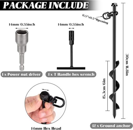 Heavy Duty Ground Anchor 12 Pack with T Handle and Metal Stakes - Image 2