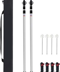 90.55” Aluminum Camping Tarp Poles Adjustable,Telescoping & Portable Tent Poles Replacement (2 Pack), it Comes with 4 Metal Stake, 4 Guy Line Cord with Guyline Adjuster & 1 Storage Bag