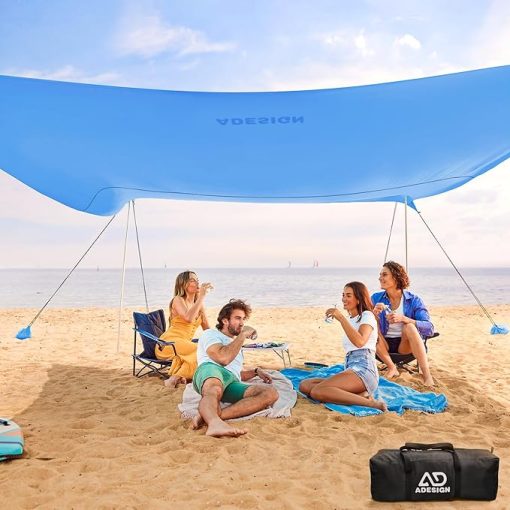 Windproof Beach Tent with 8 Sandbags Large Family Sun Shade UPF50+