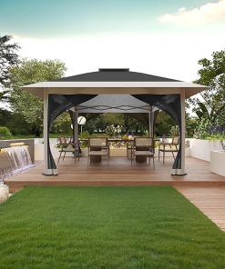 12′ x 12′ Outdoor Gazebo, Heavy Duty Double Roof Patio Gazebo with Netting and Curtains, Outdoor Patio Canopy for Deck Backyard Garden Lawns, Dark Gray & Light Gray
